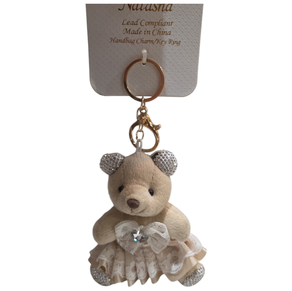 🤎🔹️Natasha Couture🔹️ Beige and Silver Teddy Bear Key Holder